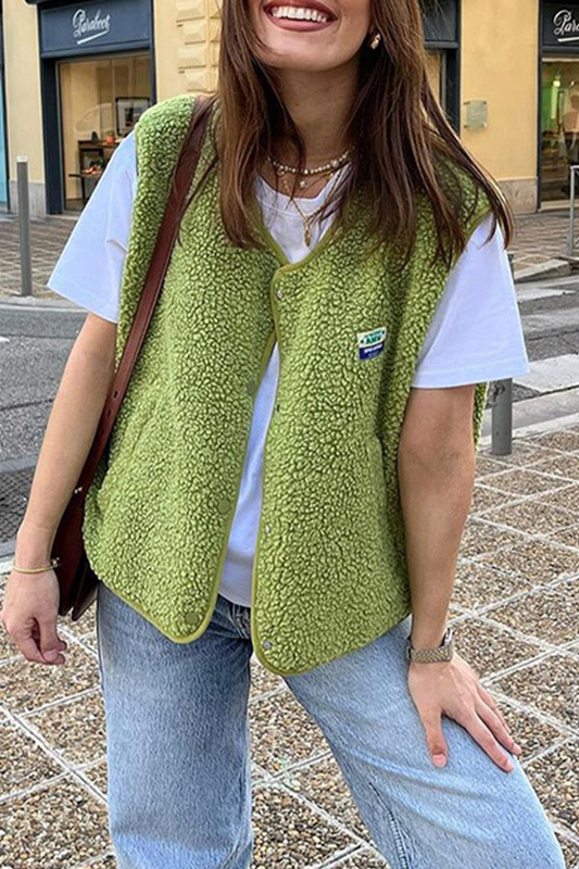 Casual Street Solid Color Pocket Buttons Fluffy O Neck Tops