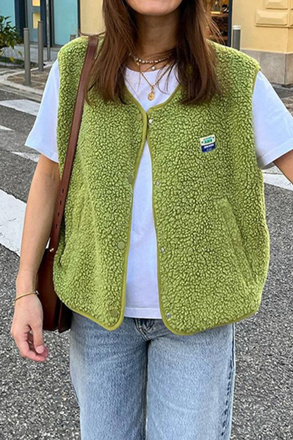 Casual Street Solid Color Pocket Buttons Fluffy O Neck Tops