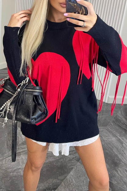 Casual Street Heart Shaped Fringed Trim Weave Contrast O Neck Tops