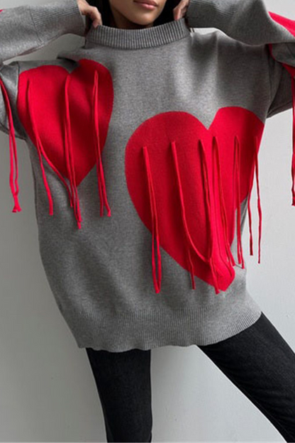 Casual Street Heart Shaped Fringed Trim Weave Contrast O Neck Tops