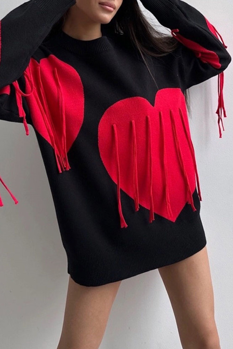 Casual Street Heart Shaped Fringed Trim Weave Contrast O Neck Tops