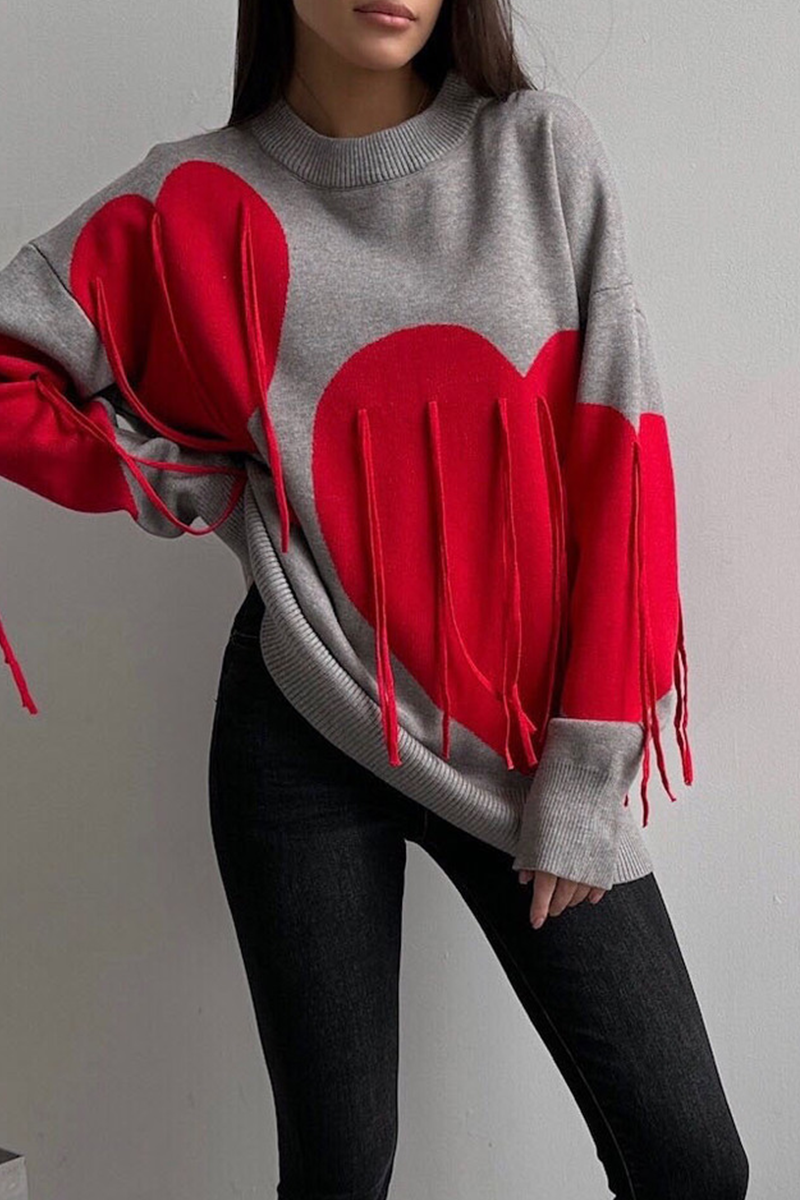 Casual Street Heart Shaped Fringed Trim Weave Contrast O Neck Tops