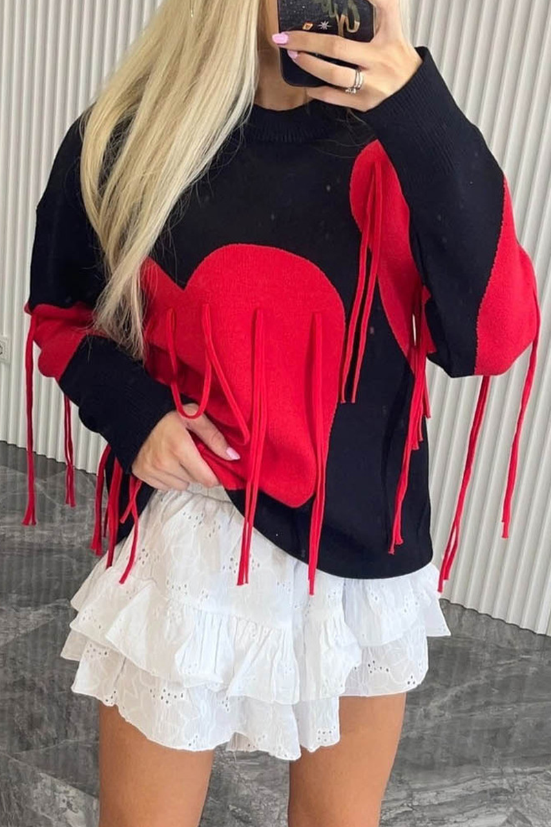 Casual Street Heart Shaped Fringed Trim Weave Contrast O Neck Tops