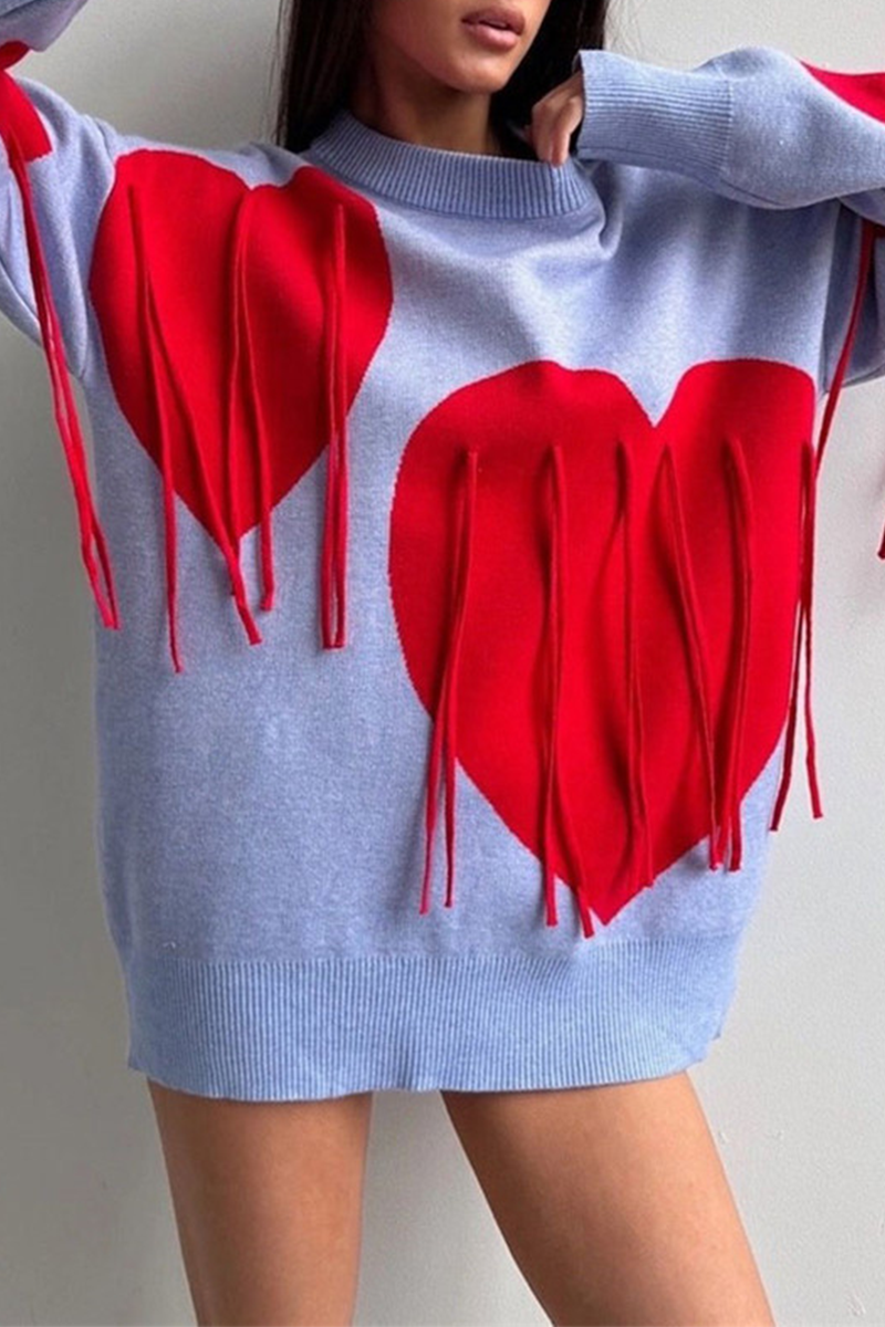 Casual Street Heart Shaped Fringed Trim Weave Contrast O Neck Tops