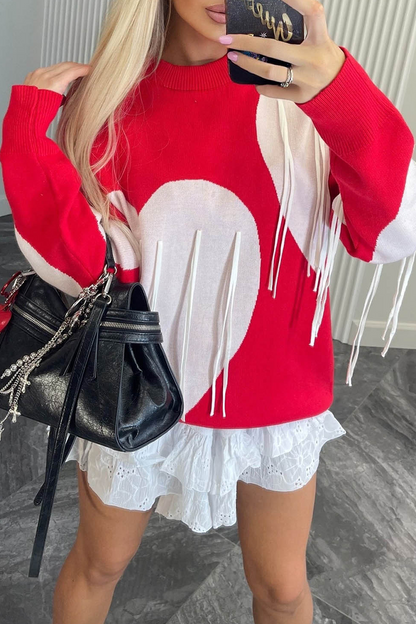 Casual Street Heart Shaped Fringed Trim Weave Contrast O Neck Tops