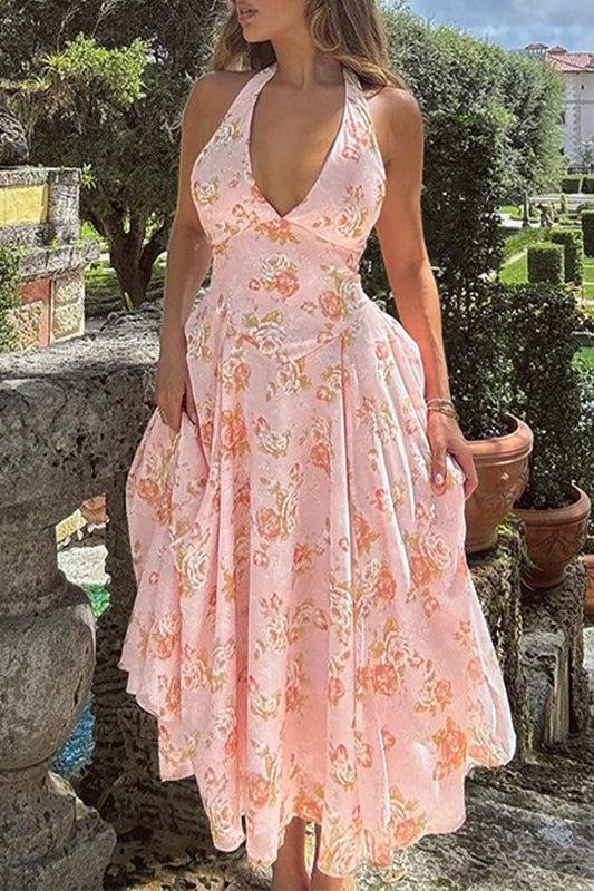 Sexy Vacation Flowers Backless Halter Sleeveless Dresses