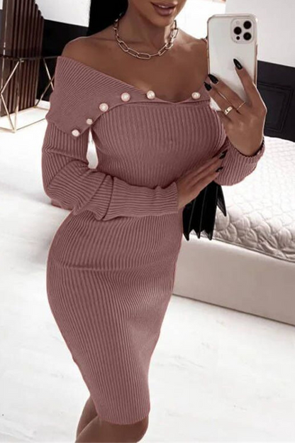 Sexy Street Solid Color Pearls Decor Off Shoulder Wrapped Skirt Dresses