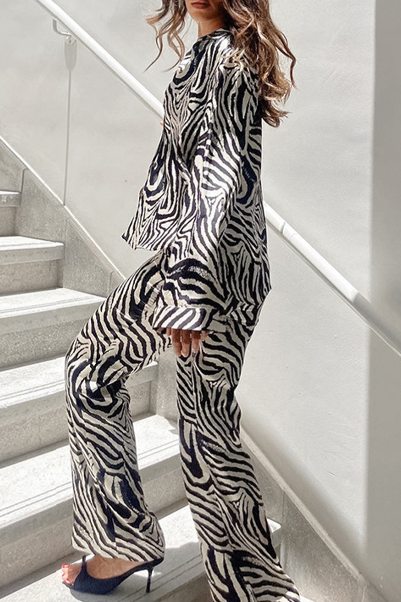 Casual Vacation Zebra Print Pocket Contrast Turndown Collar Long Sleeve Two Pieces