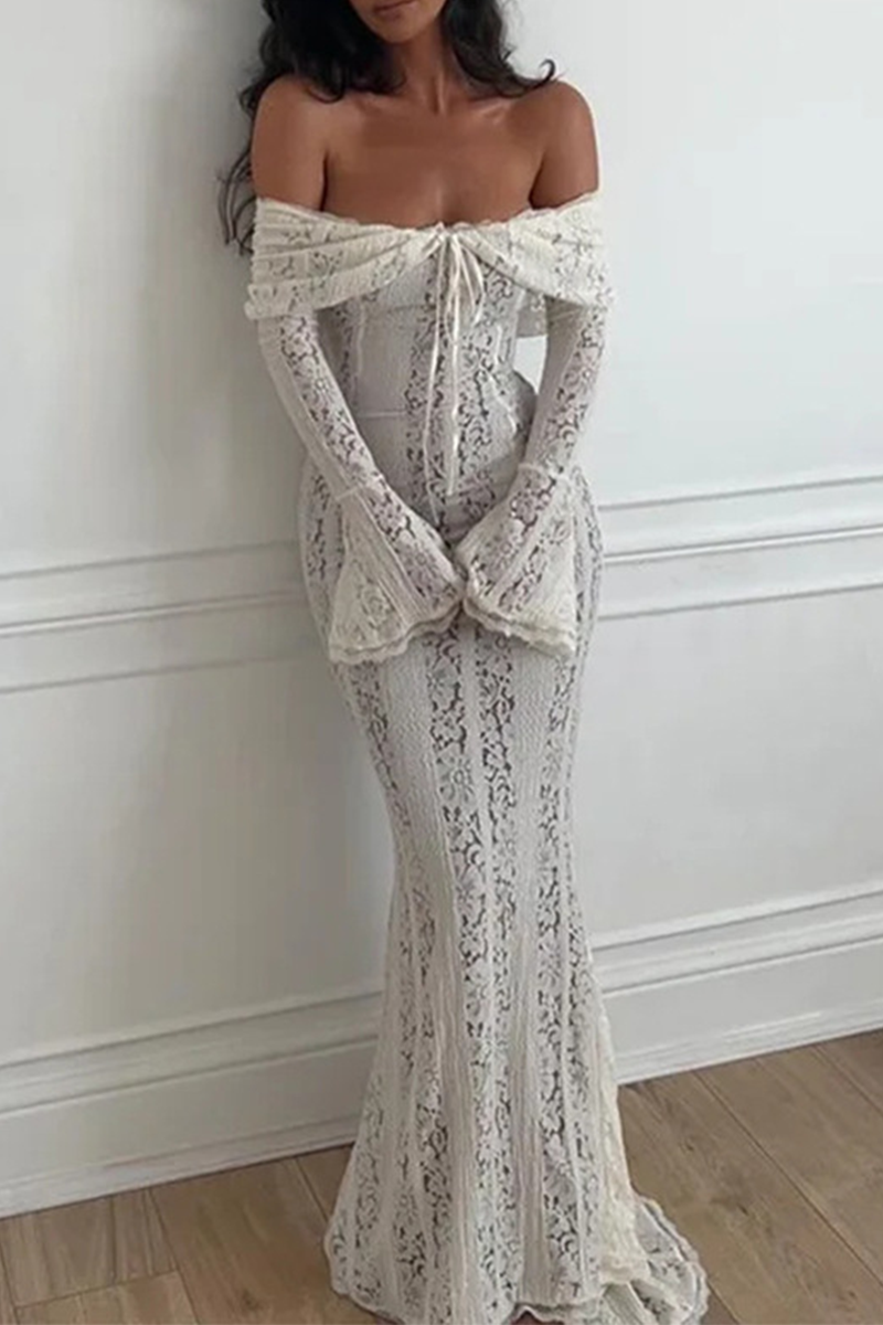 Sexy Solid Color Lace Hollow Out Off Shoulder Lace Dress Dresses