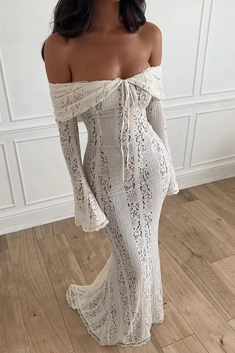 Sexy Solid Color Lace Hollow Out Off Shoulder Lace Dress Dresses