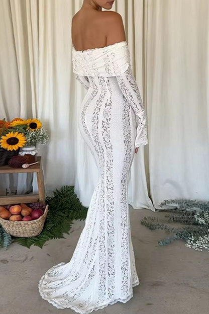 Sexy Solid Color Lace Hollow Out Off Shoulder Lace Dress Dresses