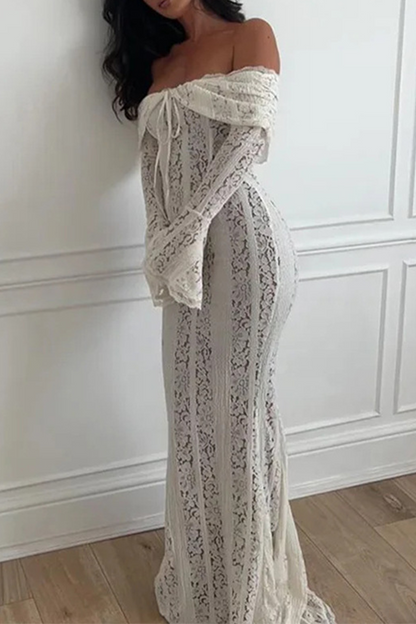 Sexy Solid Color Lace Hollow Out Off Shoulder Lace Dress Dresses