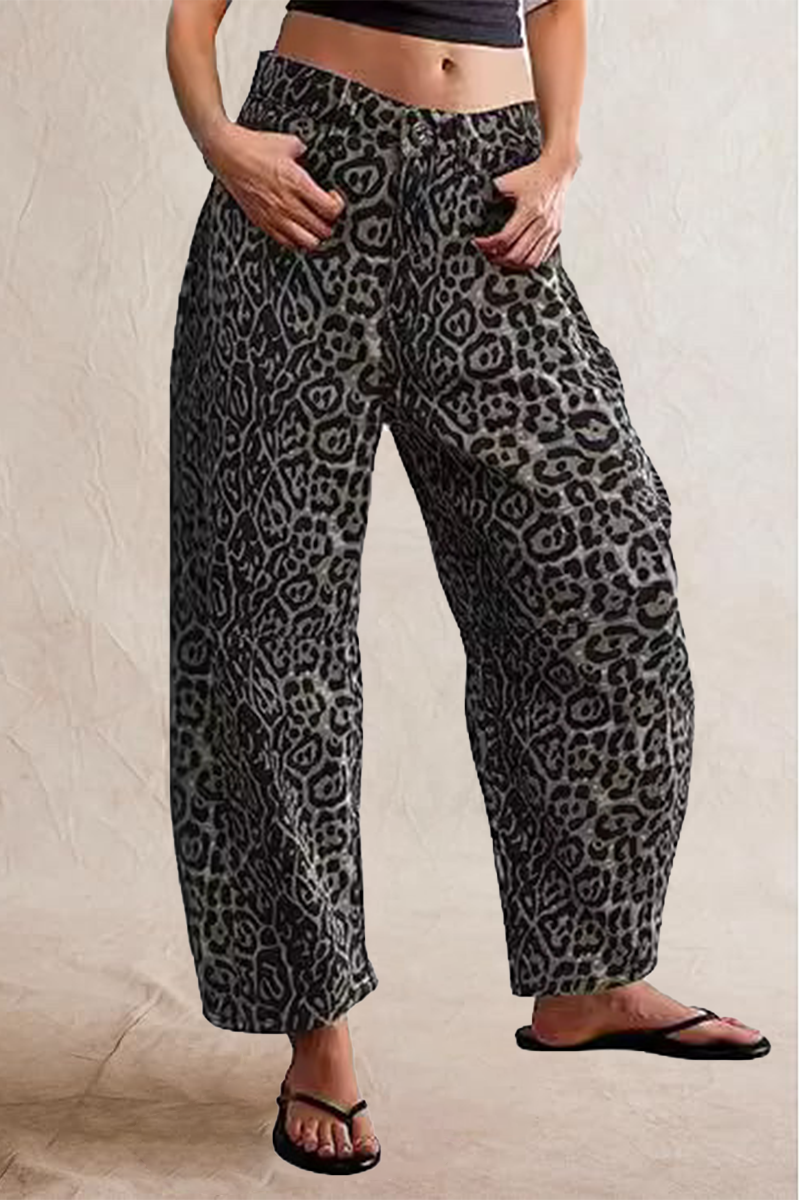 Casual Street Leopard Pocket Mid Waist Loose Denim Jeans