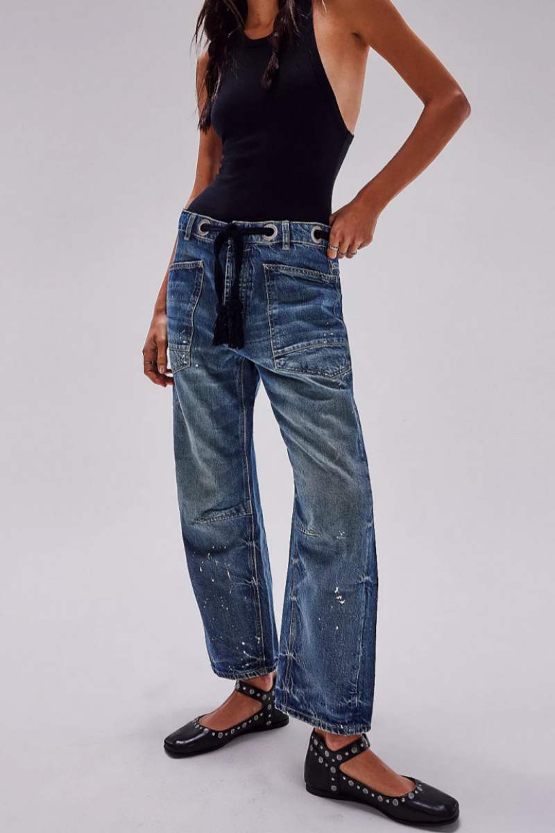 Casual Patchwork Pocket Mid Waist Straight Denim Jeans