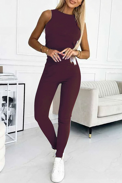 Casual Solid Color O Neck Sleeveless Two Pieces(10 Colors)