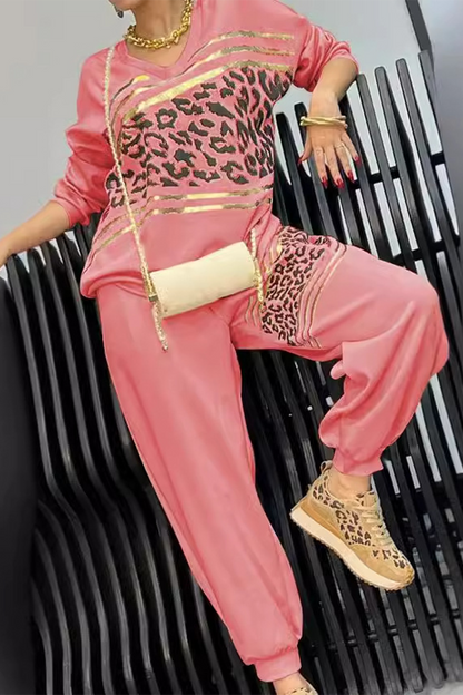 Casual Street Bronzing Pattern Leopard V Neck Long Sleeve Two Pieces