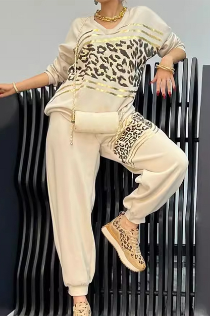 Casual Street Bronzing Pattern Leopard V Neck Long Sleeve Two Pieces