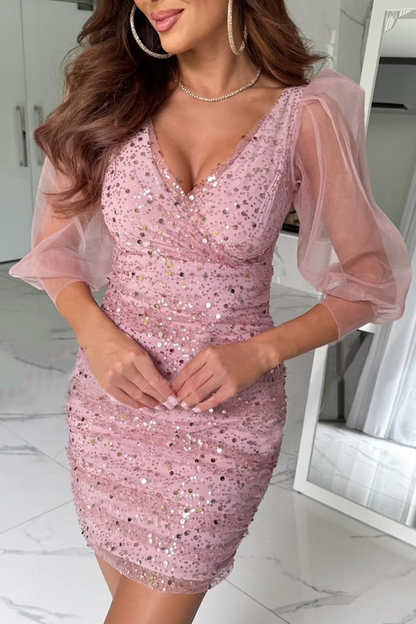 Sexy Solid Color Sequins Sequined Mesh V Neck Wrapped Skirt Dresses