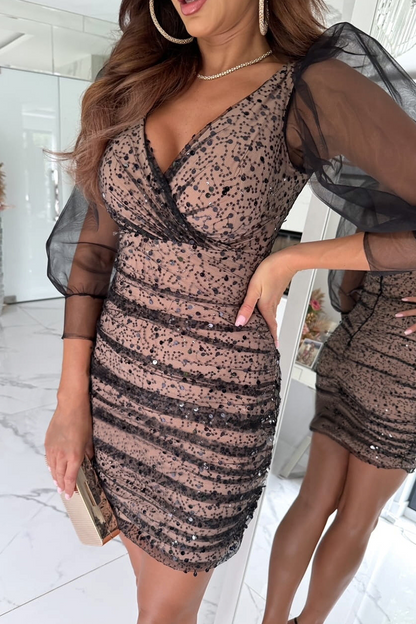 Sexy Solid Color Sequins Sequined Mesh V Neck Wrapped Skirt Dresses