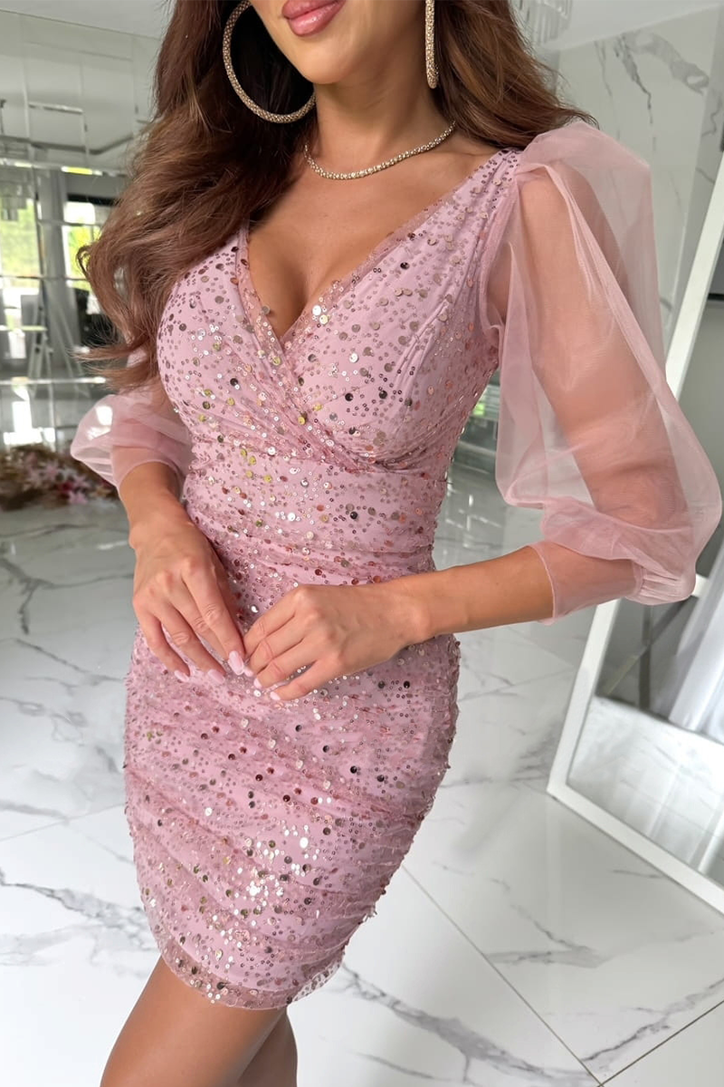 Sexy Solid Color Sequins Sequined Mesh V Neck Wrapped Skirt Dresses