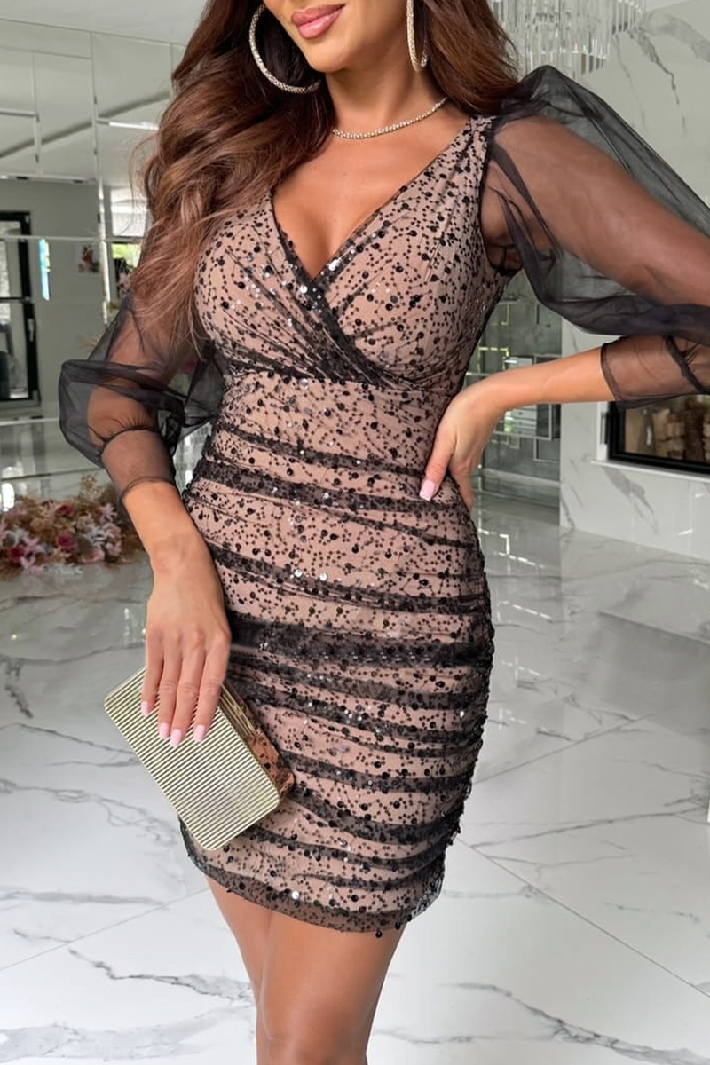 Sexy Solid Color Sequins Sequined Mesh V Neck Wrapped Skirt Dresses