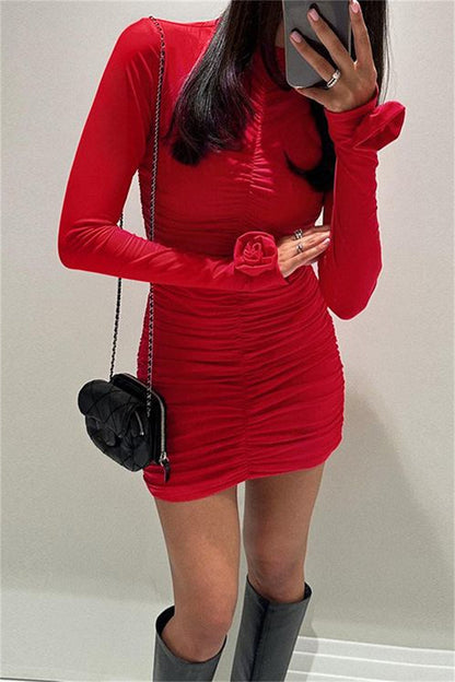 Casual Ruched Half A Turtleneck Wrapped Skirt Dresses(4 Colors)