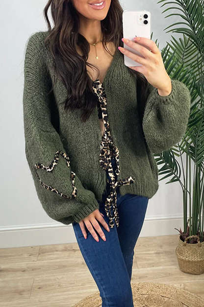 Casual Leopard Lace Up Patchwork Weave V Neck Outerwear(7 Colors)