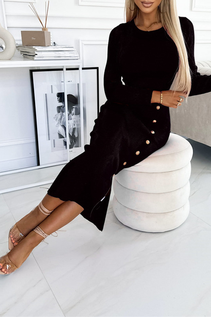 Elegant Solid Color Buttons Slit Potholes O Neck Wrapped Skirt Dresses