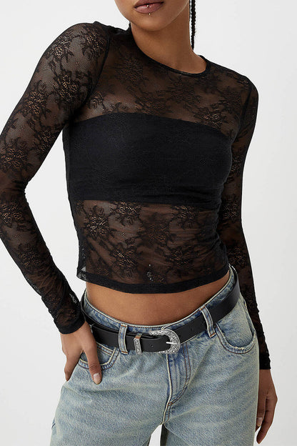 Sexy Solid Color Patchwork See-Through O Neck Tops