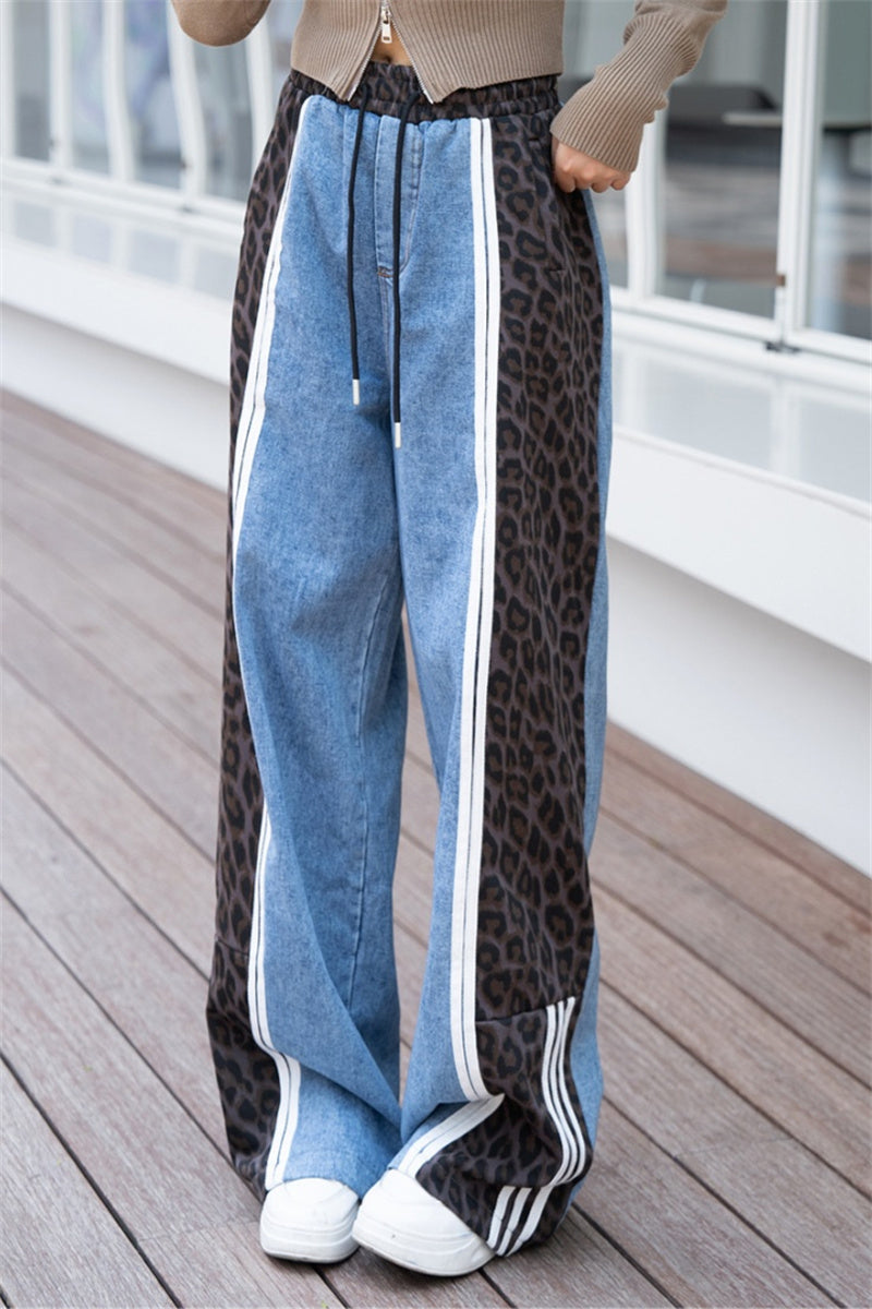 Casual Leopard Print Patchwork High Waist Straight Denim Jeans