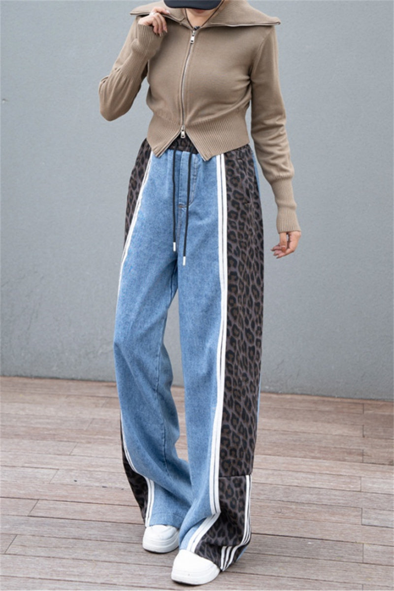 Casual Leopard Print Patchwork High Waist Straight Denim Jeans