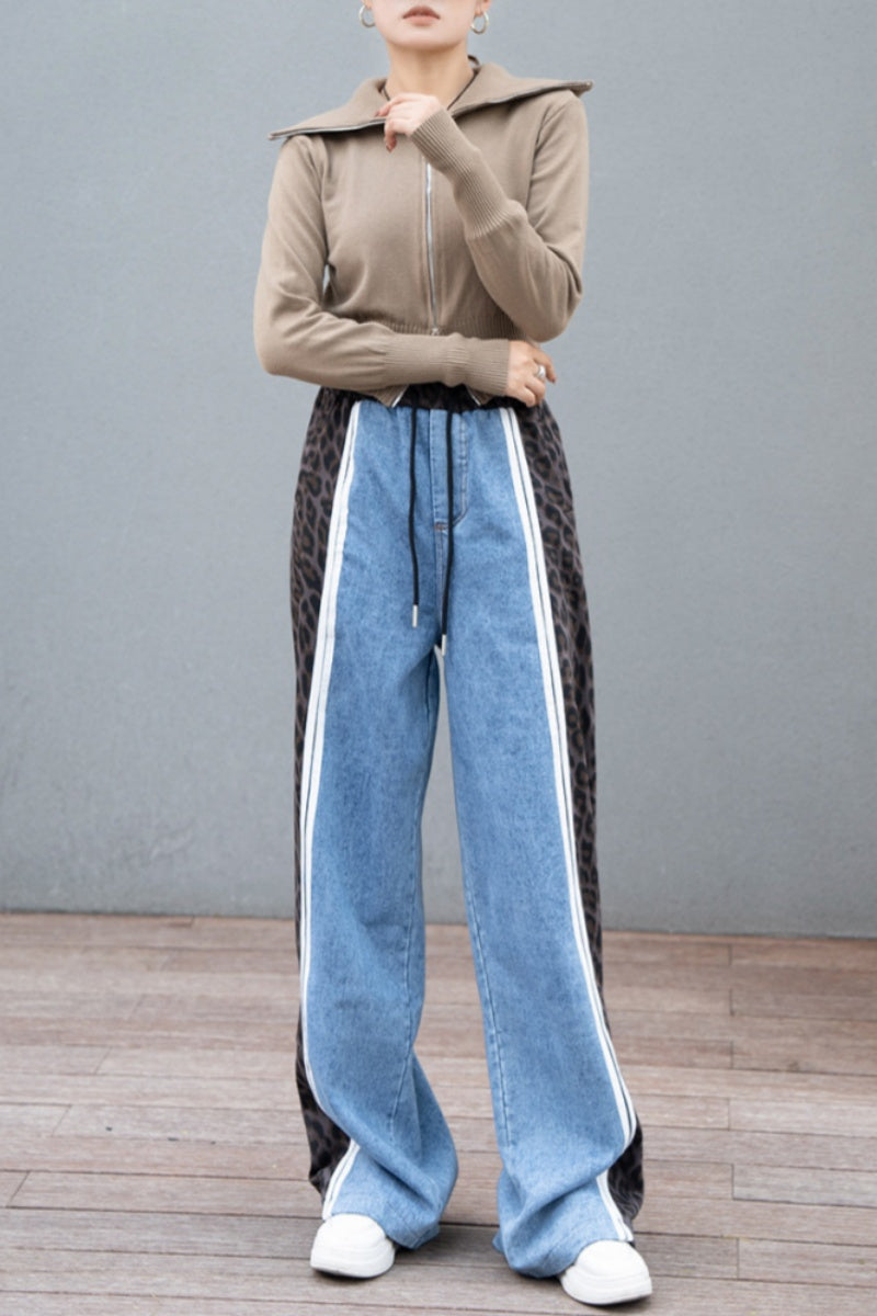 Casual Leopard Print Patchwork High Waist Straight Denim Jeans