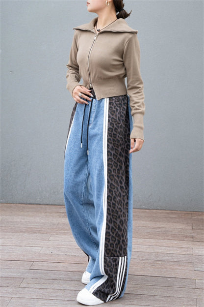 Casual Leopard Print Patchwork High Waist Straight Denim Jeans