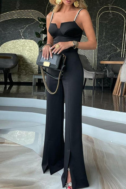 Sexy Elegant Backless Slit Spaghetti Strap Straight Jumpsuits