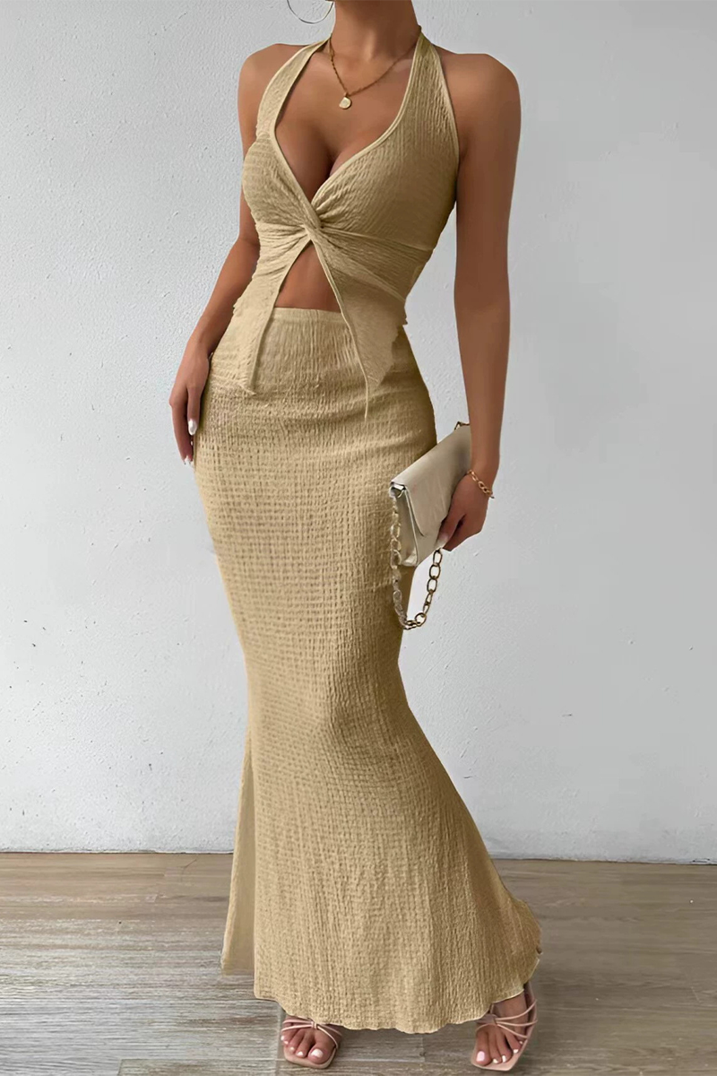 Sexy Lace Up Slit Ruched Halter Sleeveless Two Pieces