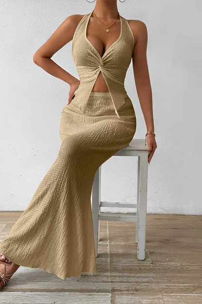 Sexy Lace Up Slit Ruched Halter Sleeveless Two Pieces