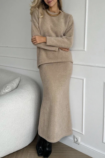 Daily Elegant Solid Color O Neck Long Sleeve Two Pieces