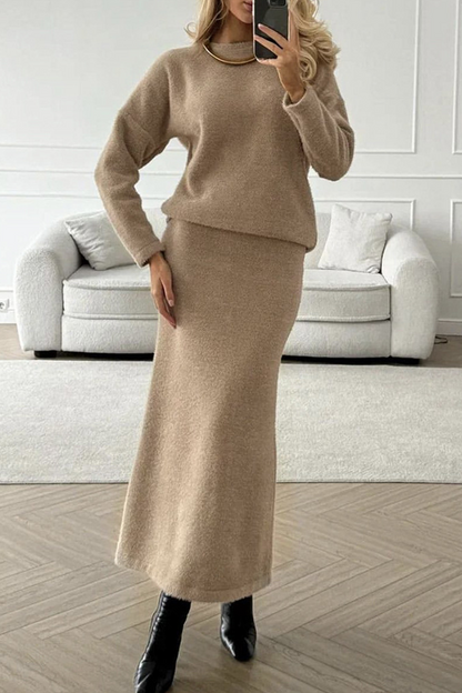 Daily Elegant Solid Color O Neck Long Sleeve Two Pieces