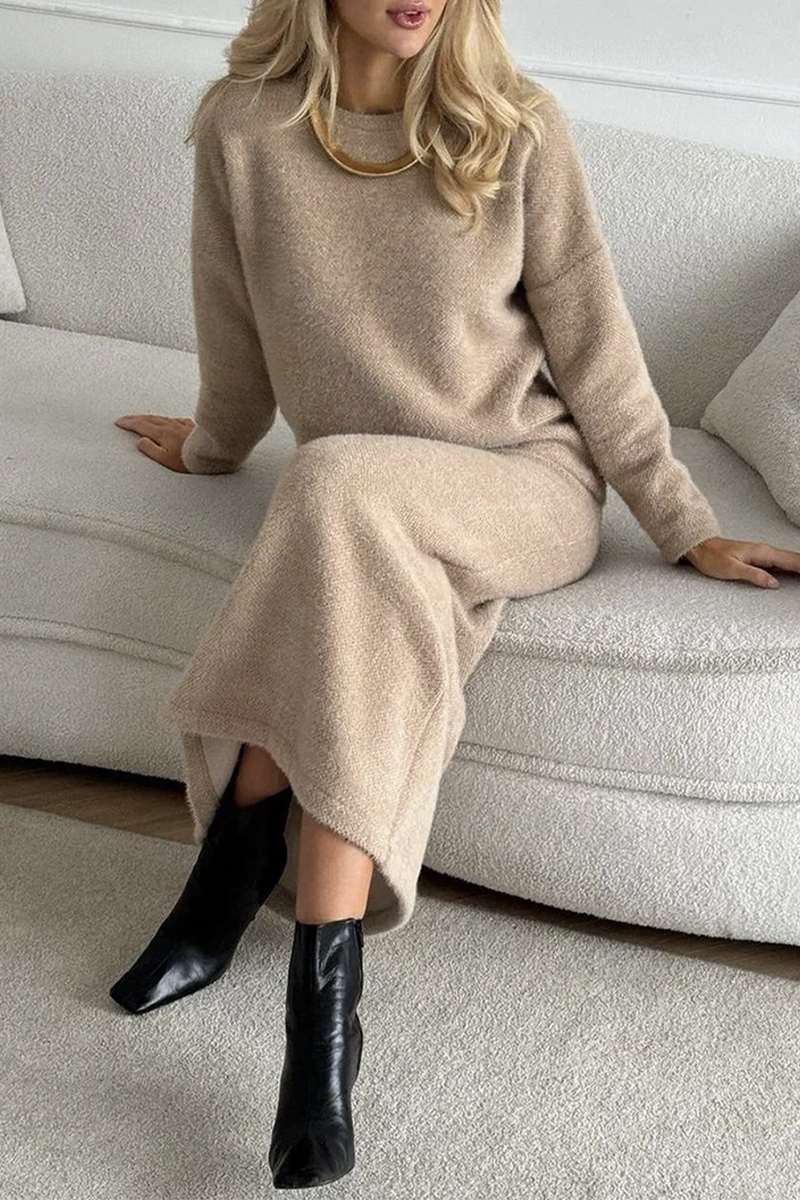 Daily Elegant Solid Color O Neck Long Sleeve Two Pieces