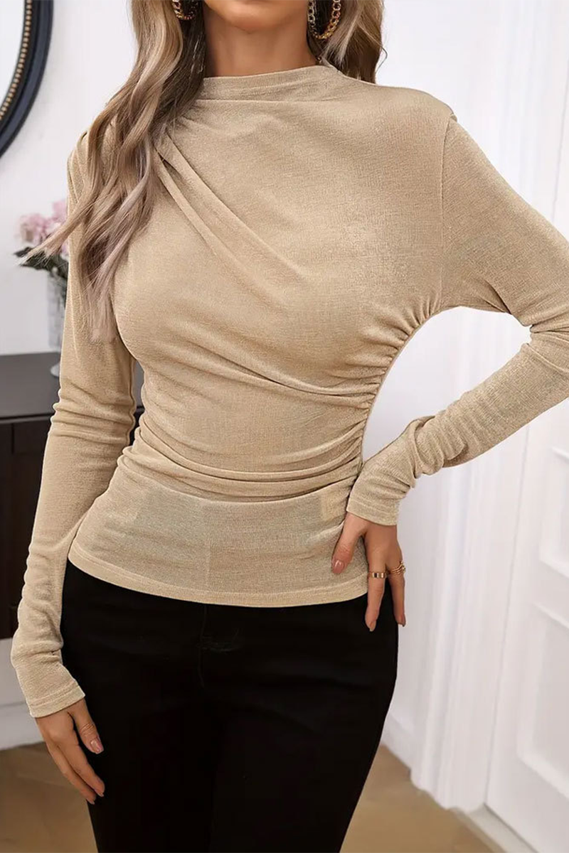 Casual Solid Color Ruched Mandarin Collar Tops