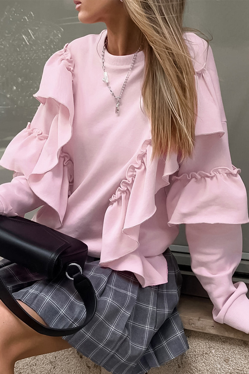 Casual Solid Color Ruffle O Neck Tops