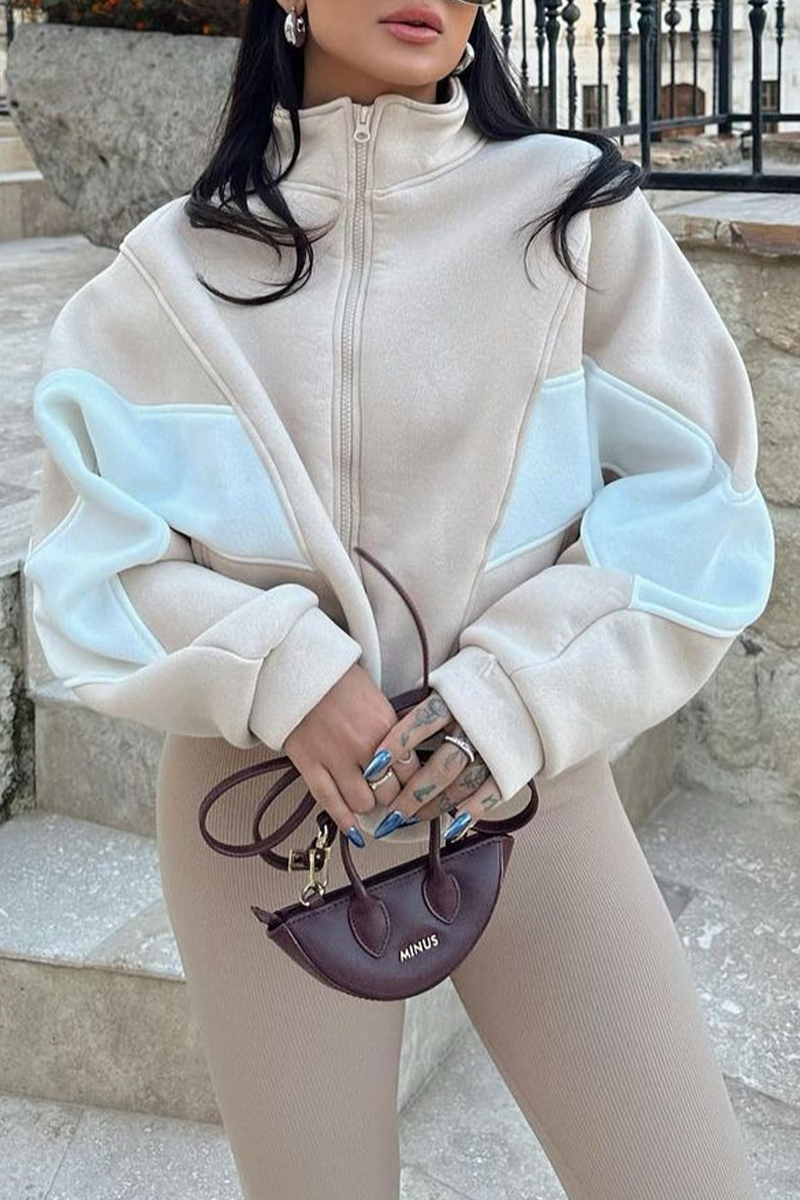 Casual Street Colorblock Patchwork Zipper Contrast Mandarin Collar Outerwear