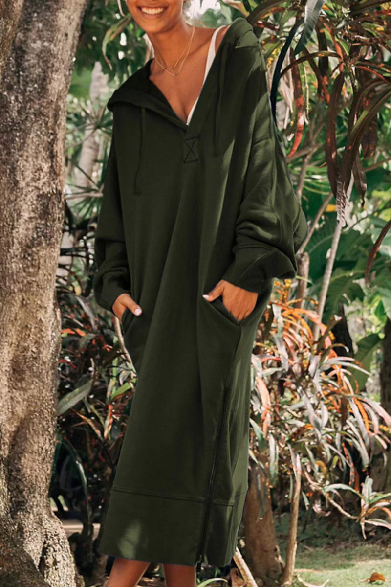 Casual Daily Solid Color Pocket Slit Hooded Long Sleeve Dresses