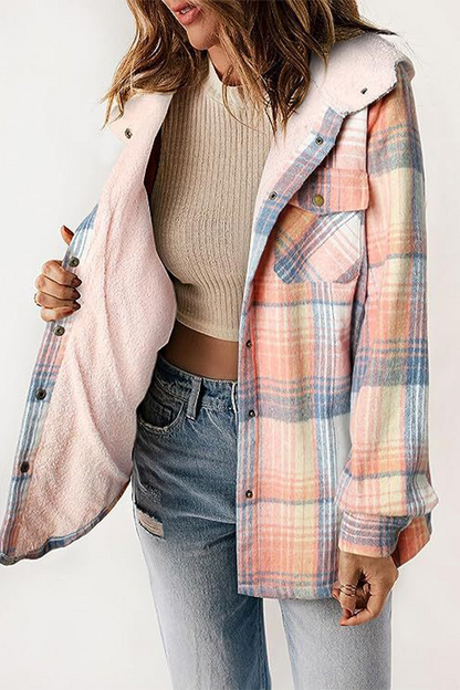 Casual Plaid Pocket Fluffy Contrast Hooded Outerwear(7 Colors)