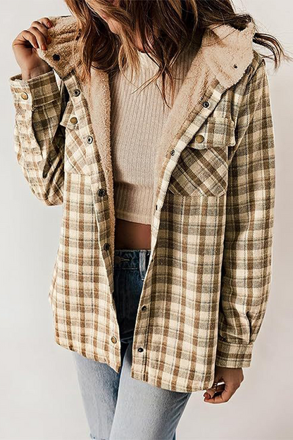 Casual Plaid Pocket Fluffy Contrast Hooded Outerwear(7 Colors)