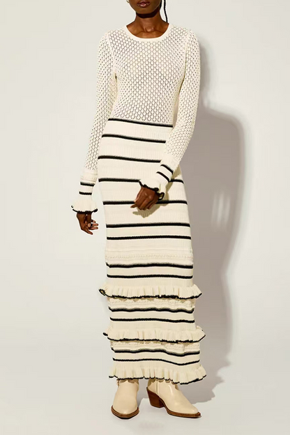 Casual Stripe Ruffle Weave Contrast O Neck Wrapped Skirt Dresses