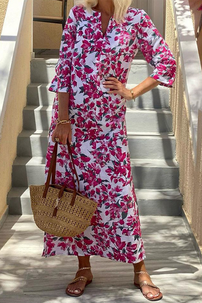 Elegant Floral Print Slit V Neck Printed Dresses