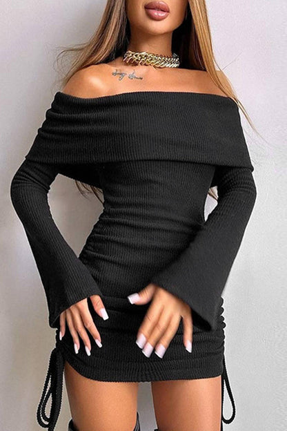 Sexy Solid Color Patchwork Strap Design Off Shoulder Wrapped Skirt Dresses