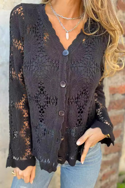 Casual Solid Color Lace Hollow Out Buttons V Neck Tops