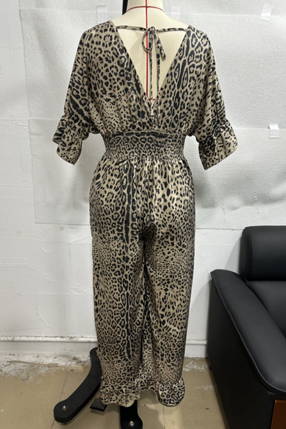 Casual Leopard Contrast V Neck Loose Jumpsuits(4 Colors)